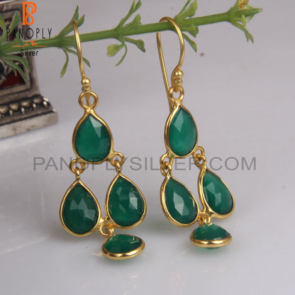 18K Gold Plated S 925 Silver Green Onyx Chandelier Earrings