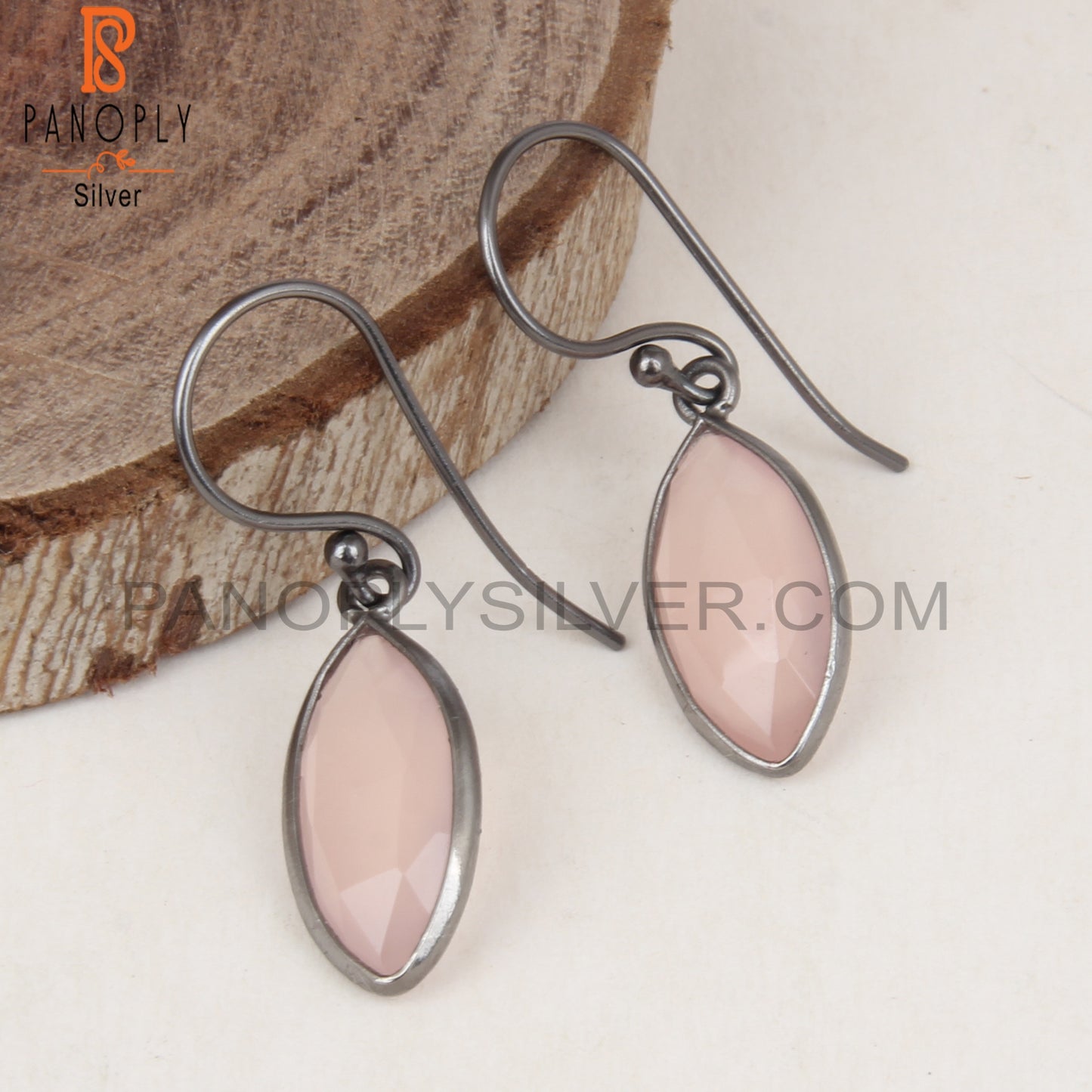 Rose Chalcedony Marquise Shape Black 925 Silver Earrings