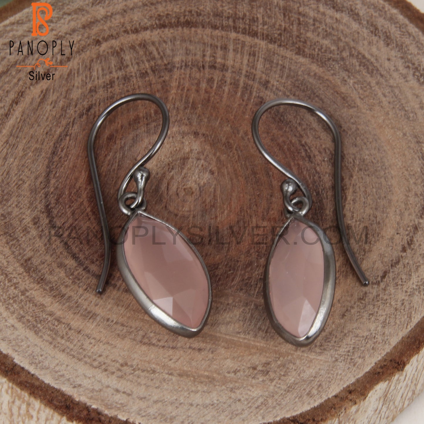 Rose Chalcedony Marquise Shape Black 925 Silver Earrings