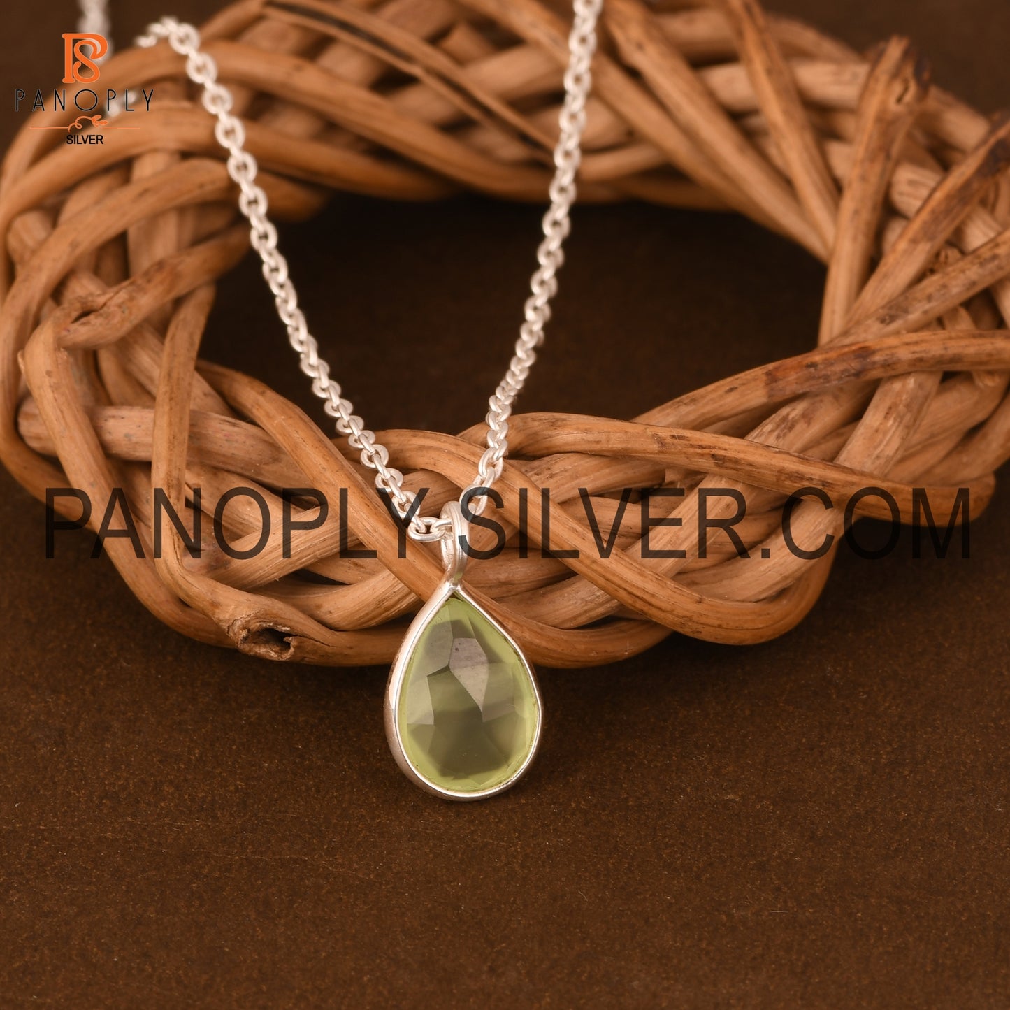 Prehnite Chalcedony Teardrop Silver Chain Pendant