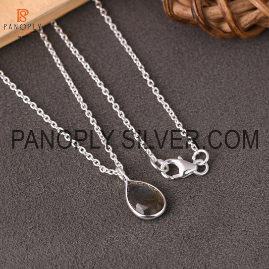Silver Grey Labradorite Teardrop Chain Pendant
