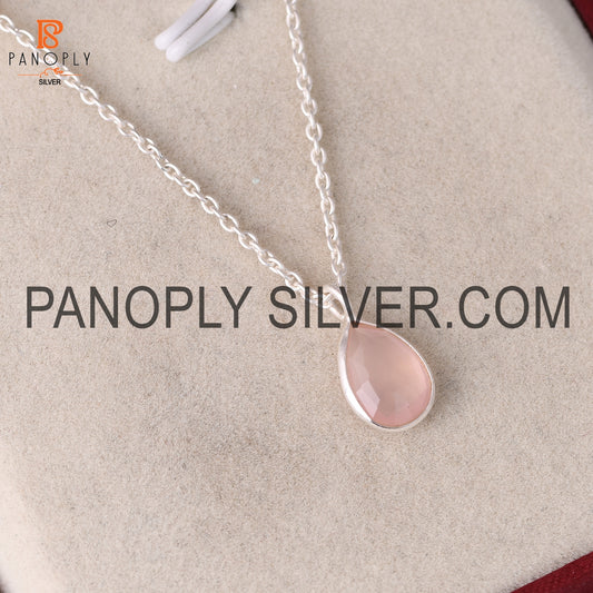 Natural Gemstone Rose Chalcedony Drop Silver Pendant