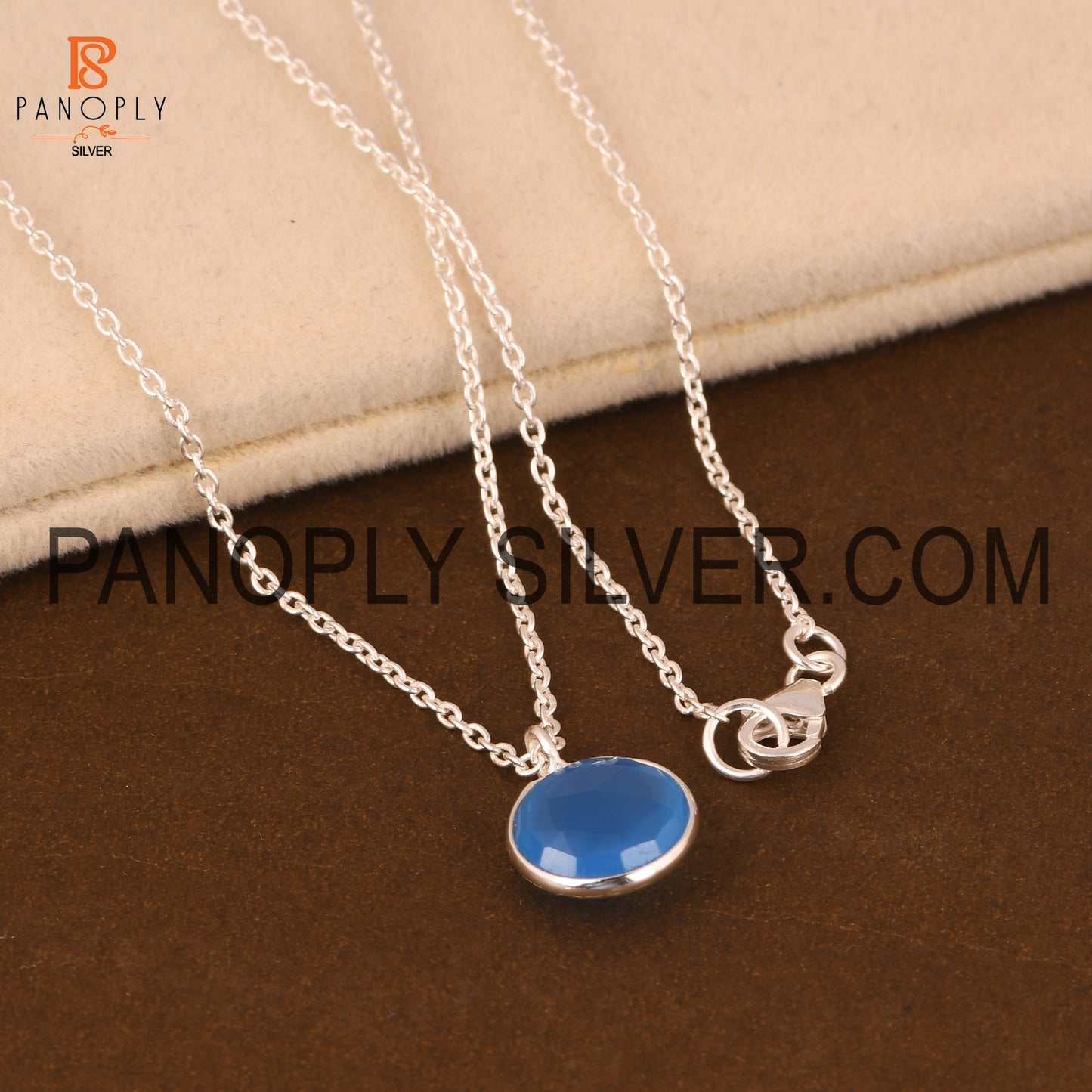 925 Silver Blue Chalcedony Round Pendant For Girls