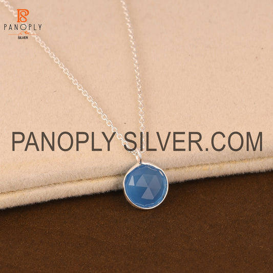 925 Silver Blue Chalcedony Round Pendant For Girls