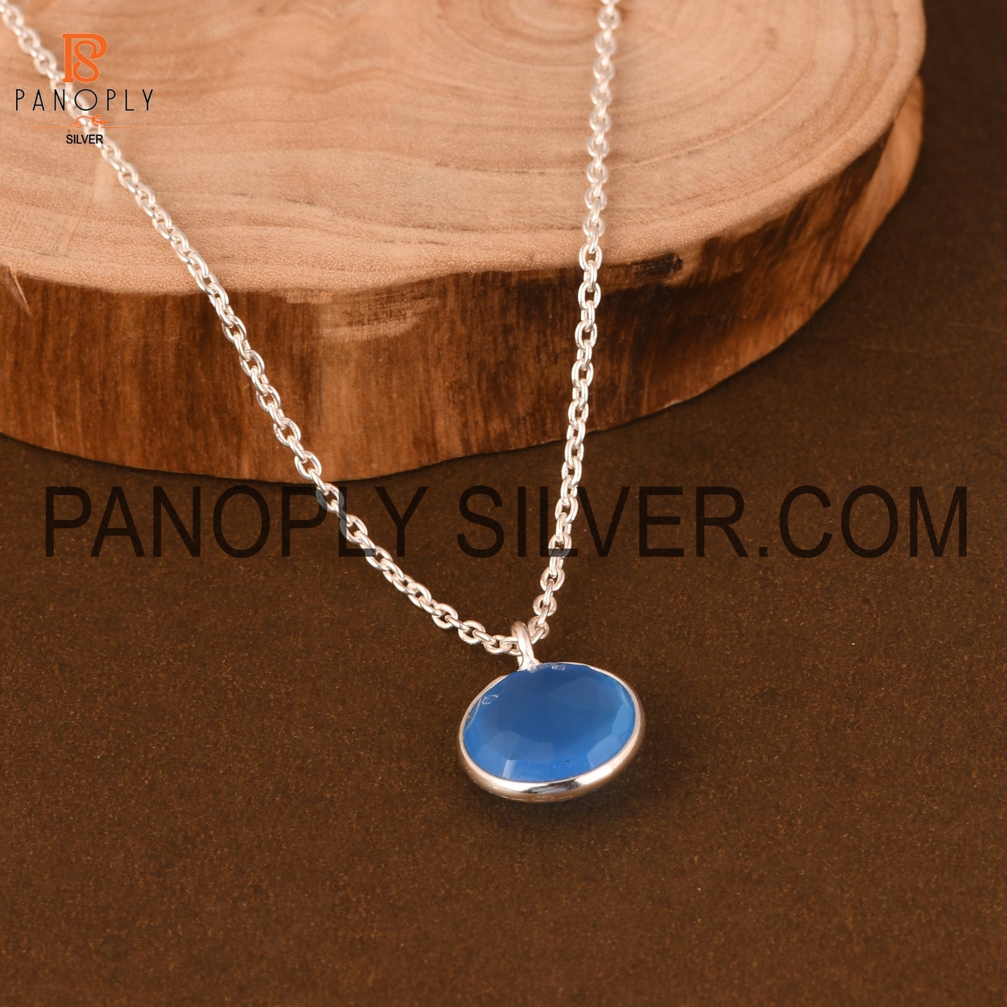 925 Silver Blue Chalcedony Round Pendant For Girls