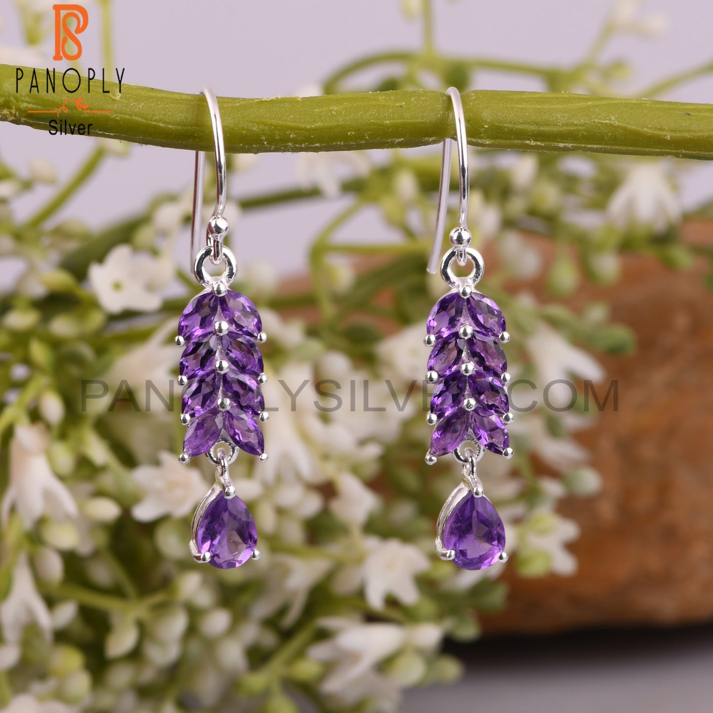 Marquise Cut Amethyst 925 Quality Leaf Dangle Earrings