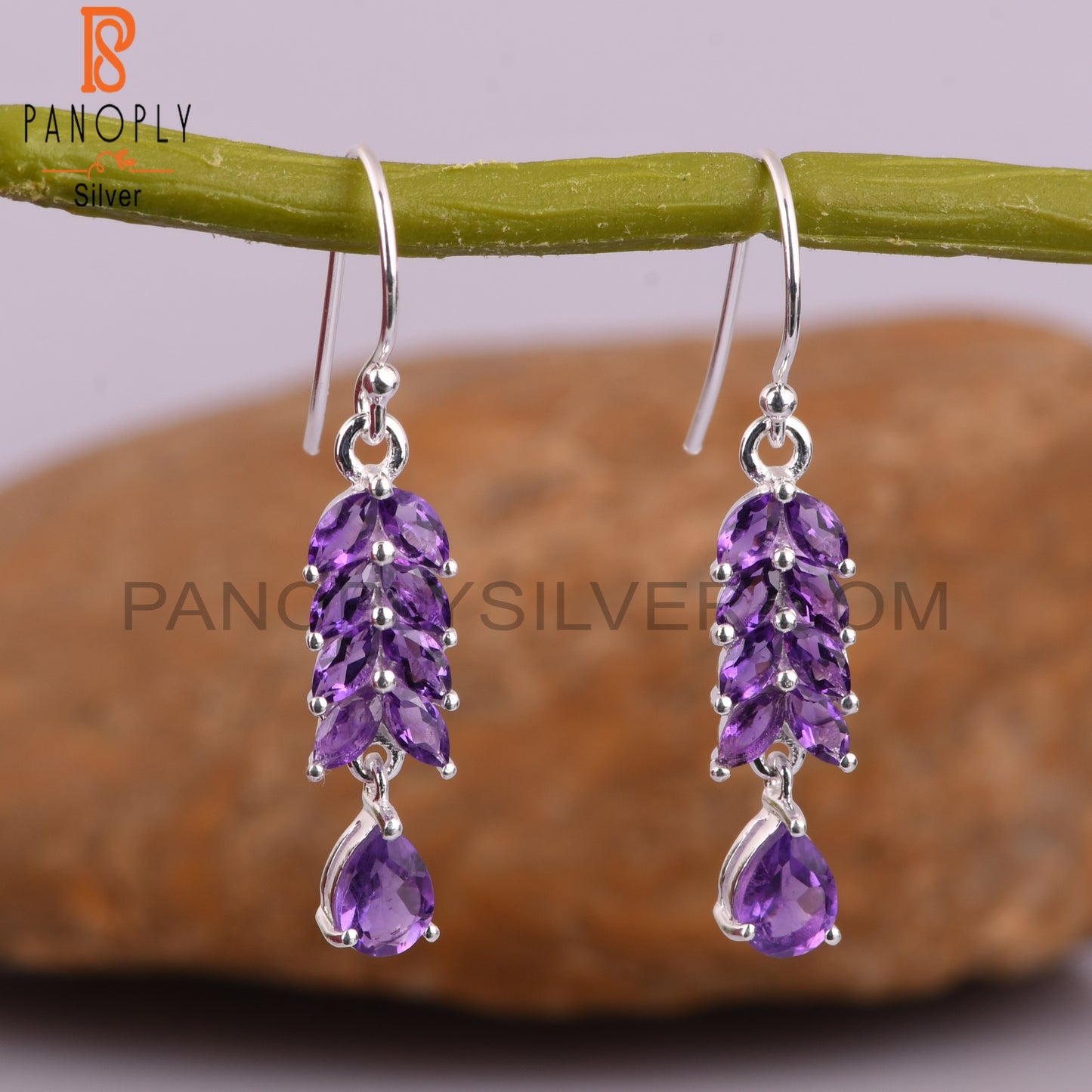 Marquise Cut Amethyst 925 Quality Leaf Dangle Earrings