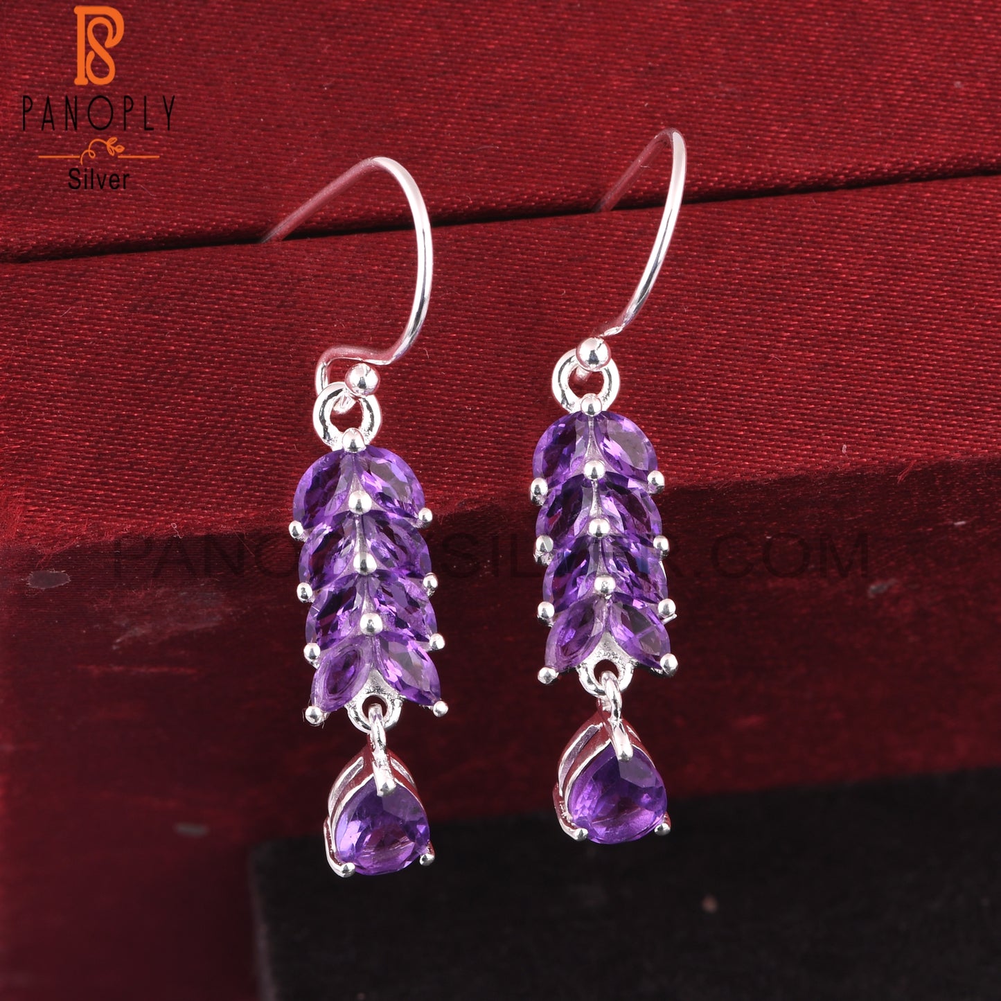 Marquise Cut Amethyst 925 Quality Leaf Dangle Earrings