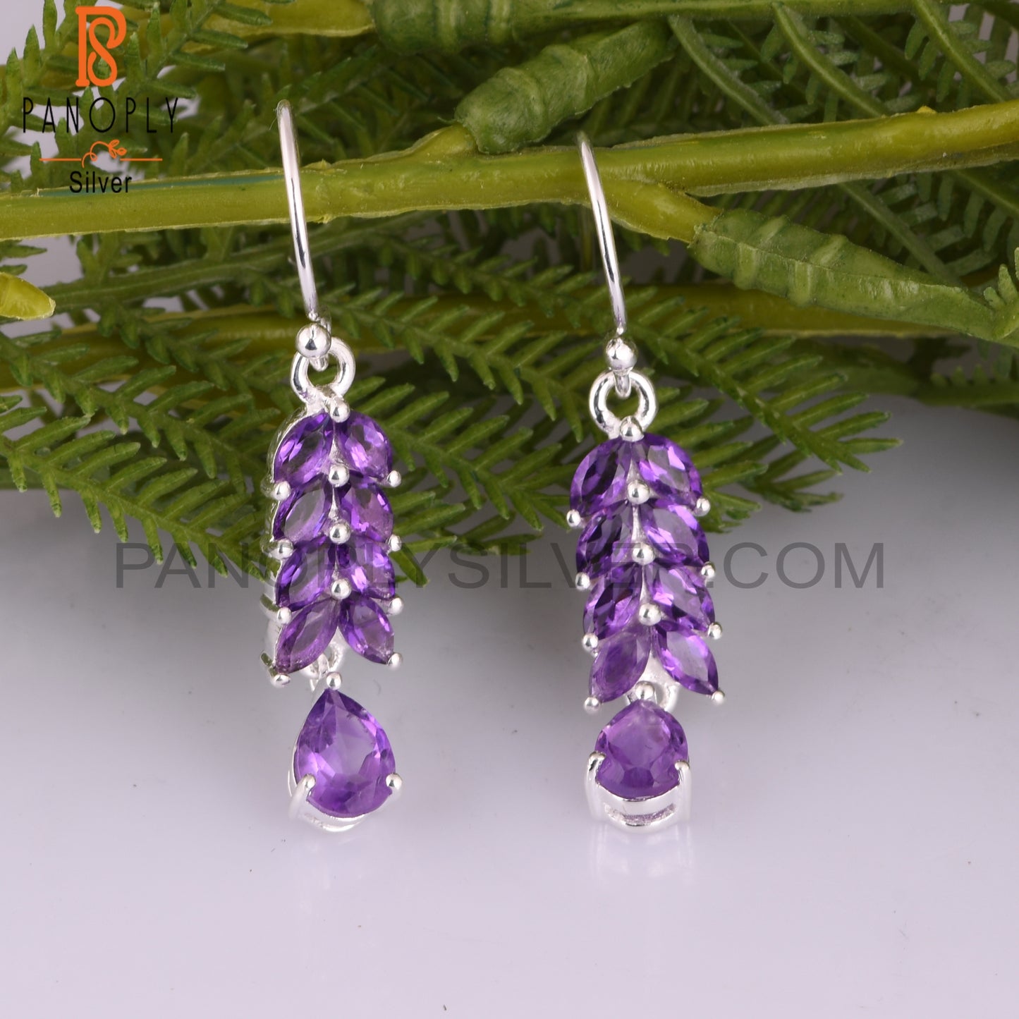 Marquise Cut Amethyst 925 Quality Leaf Dangle Earrings