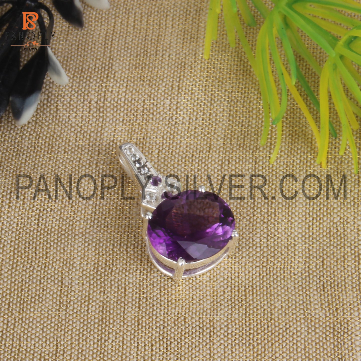 White Topaz And Amethyst Gem Oval 925 Silver Pendant