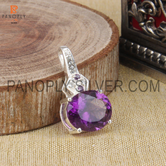 White Topaz And Amethyst Gem Oval 925 Silver Pendant