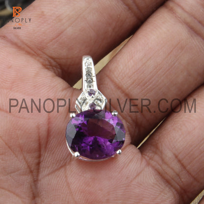 White Topaz And Amethyst Gem Oval 925 Silver Pendant