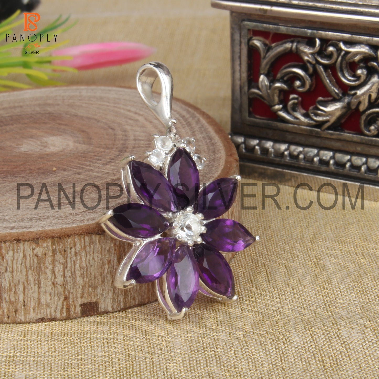 Amethyst and White Topaz Studded Flower Pendant