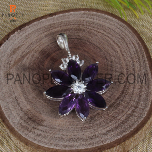 Amethyst and White Topaz Studded Flower Pendant