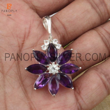 Amethyst and White Topaz Studded Flower Pendant
