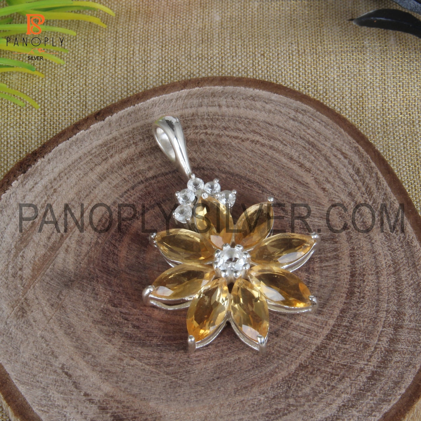 Marquise Citrine and White Topaz Studded Flower Pendant