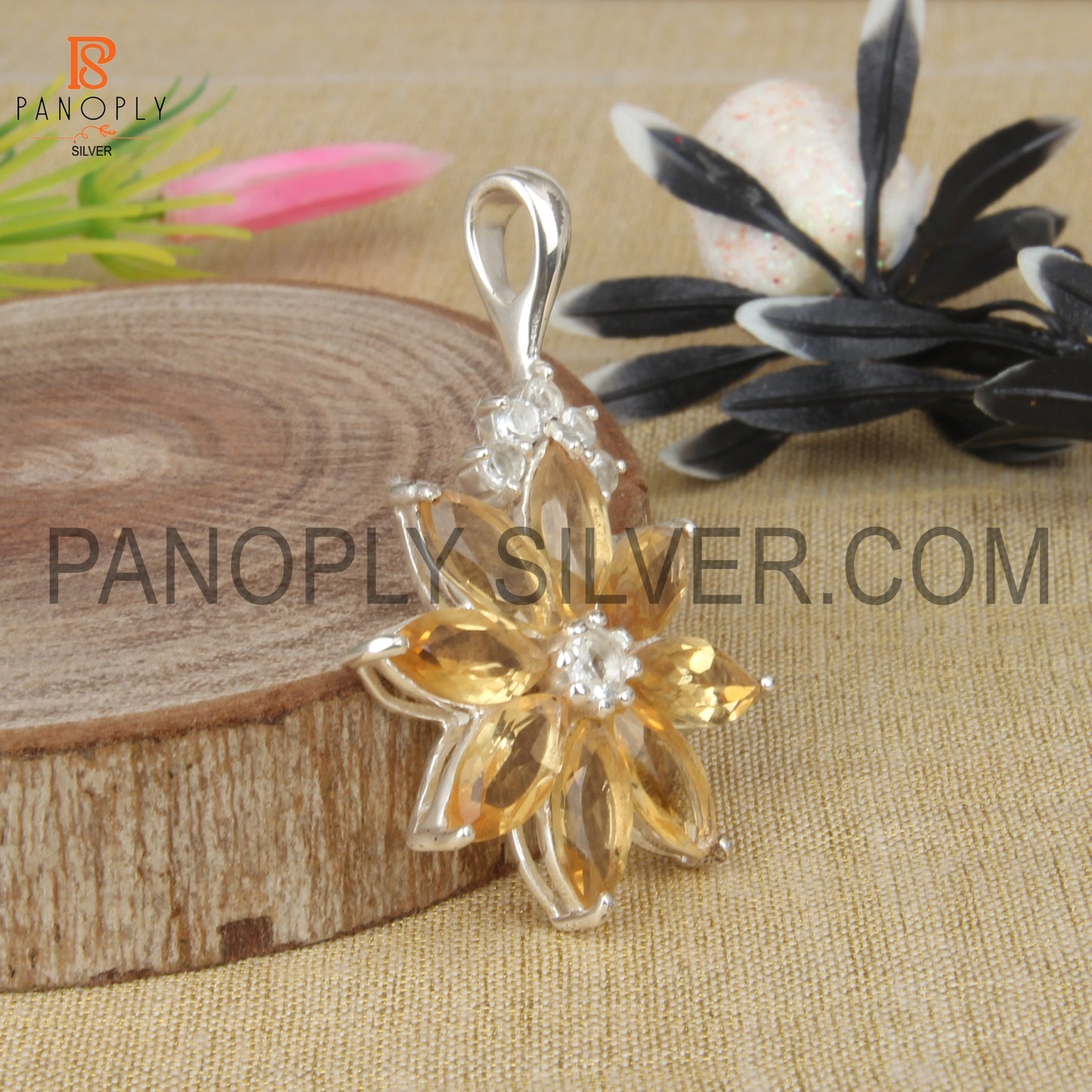 Marquise Citrine and White Topaz Studded Flower Pendant