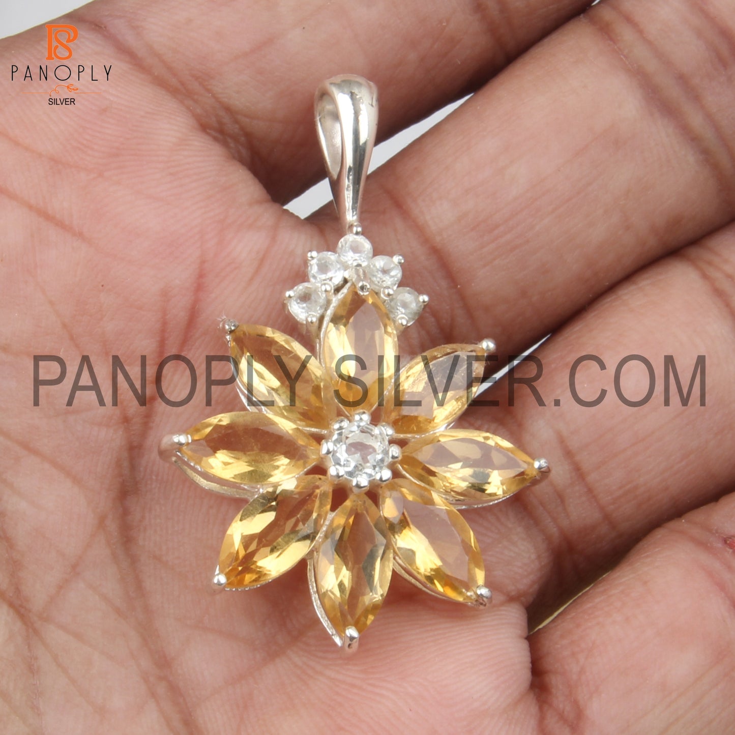 Marquise Citrine and White Topaz Studded Flower Pendant