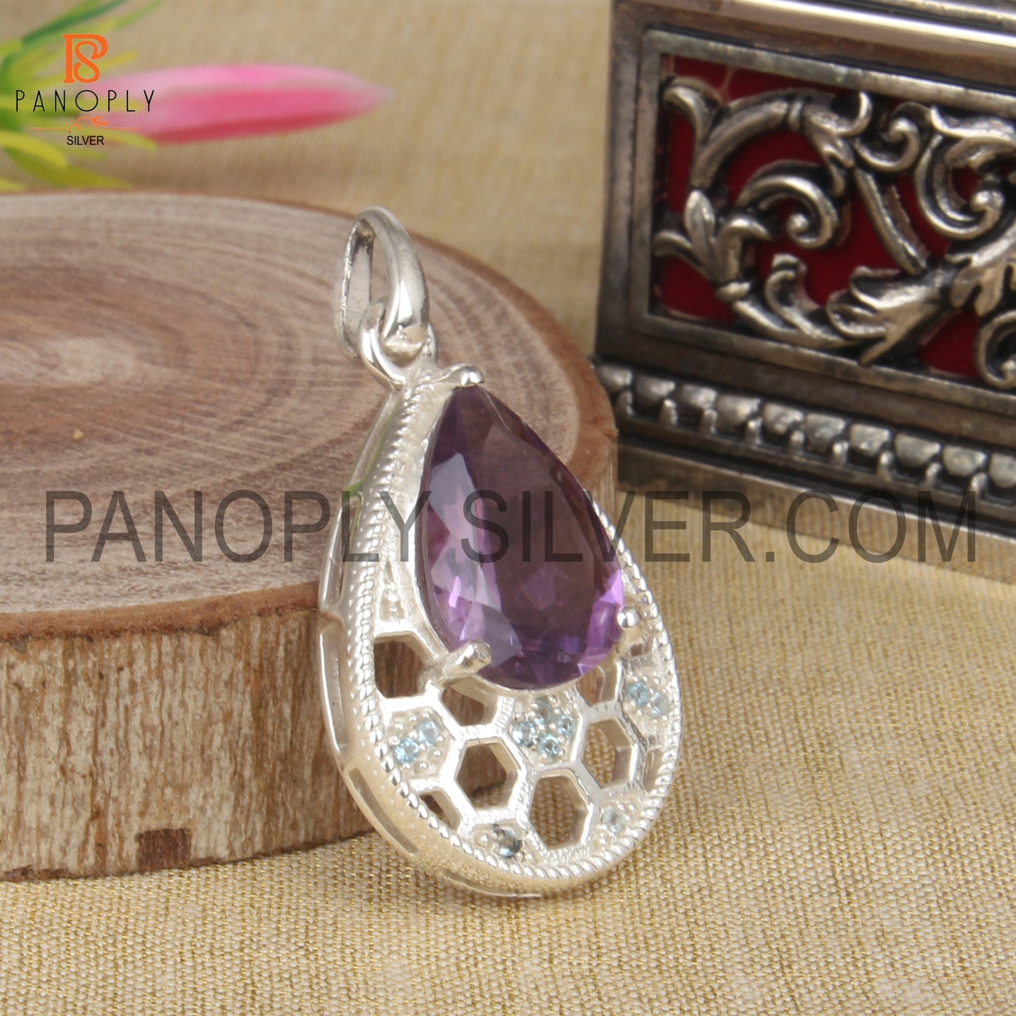 Honeycomb Pear Shape Amethyst and Blue Topaz Studded Silver Pendant