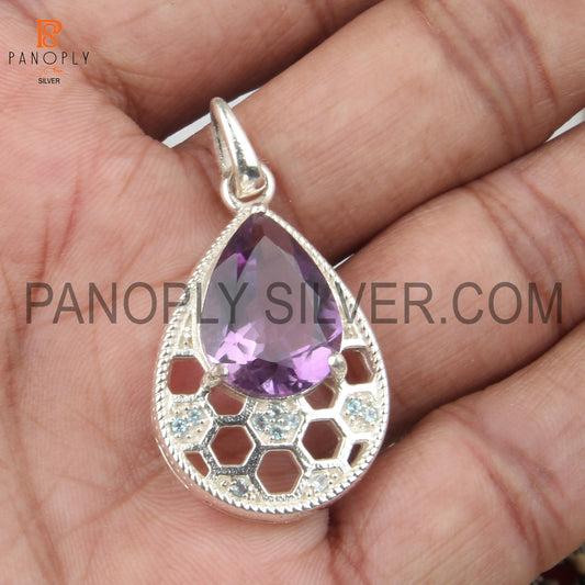 Honeycomb Pear Shape Amethyst and Blue Topaz Studded Silver Pendant