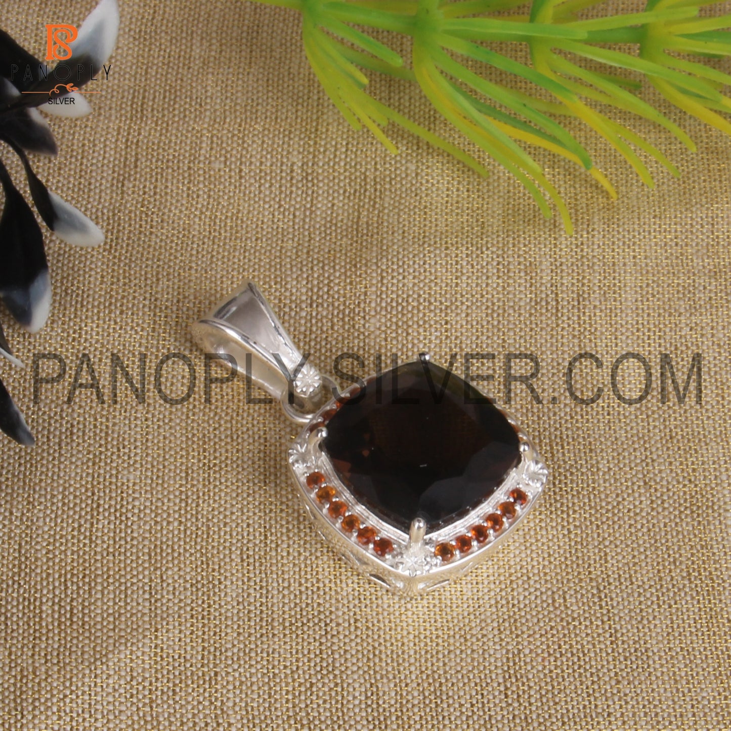 Cushion Shaped Smoky Quartz Gem Studded Citrine Silver Pendant
