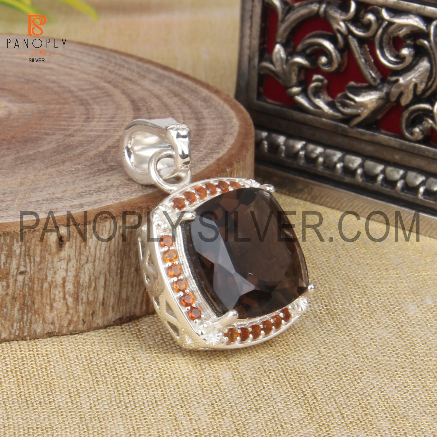 Cushion Shaped Smoky Quartz Gem Studded Citrine Silver Pendant