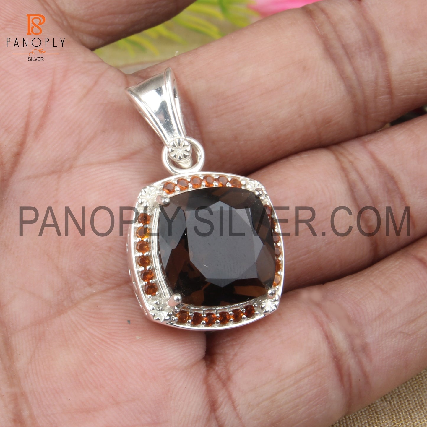 Cushion Shaped Smoky Quartz Gem Studded Citrine Silver Pendant