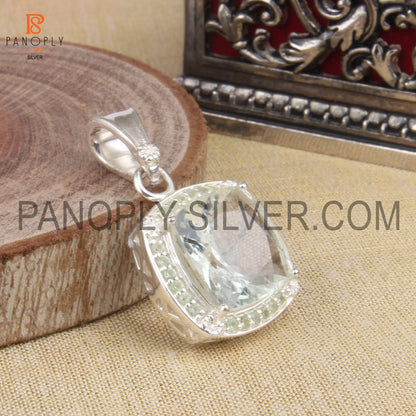 Faceted Cut Green Amethyst Gem Studded Peridot Silver Pendant