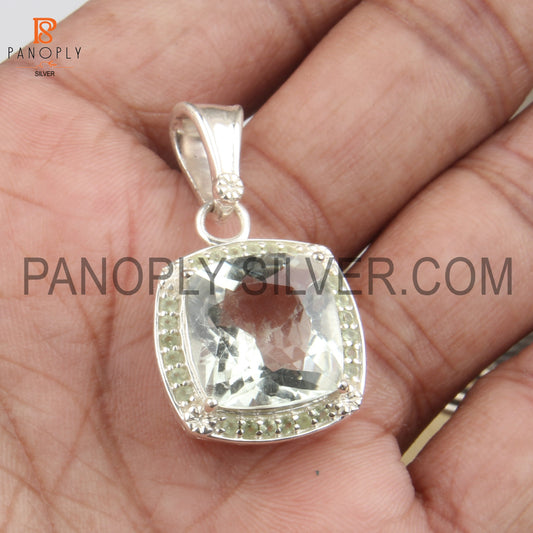 Faceted Cut Green Amethyst Gem Studded Peridot Silver Pendant