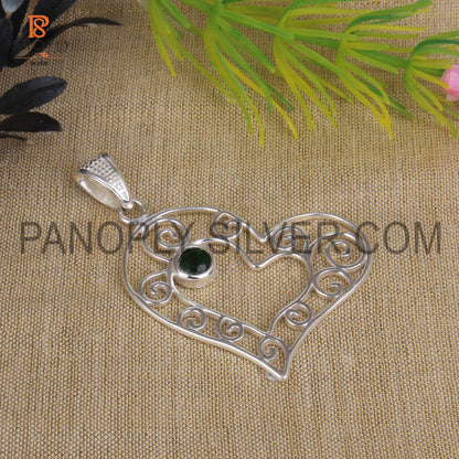 Sterling Silver Gem Chrome Diopside Filigree Heart Shape Pendant