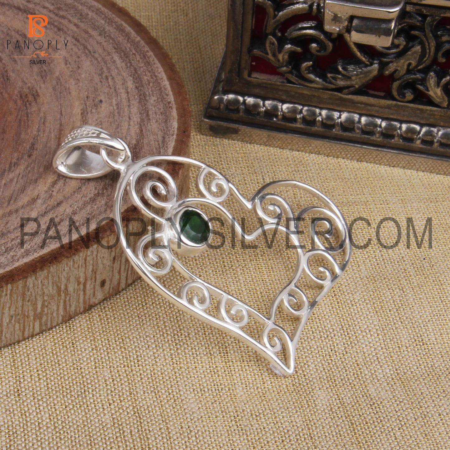 Sterling Silver Gem Chrome Diopside Filigree Heart Shape Pendant