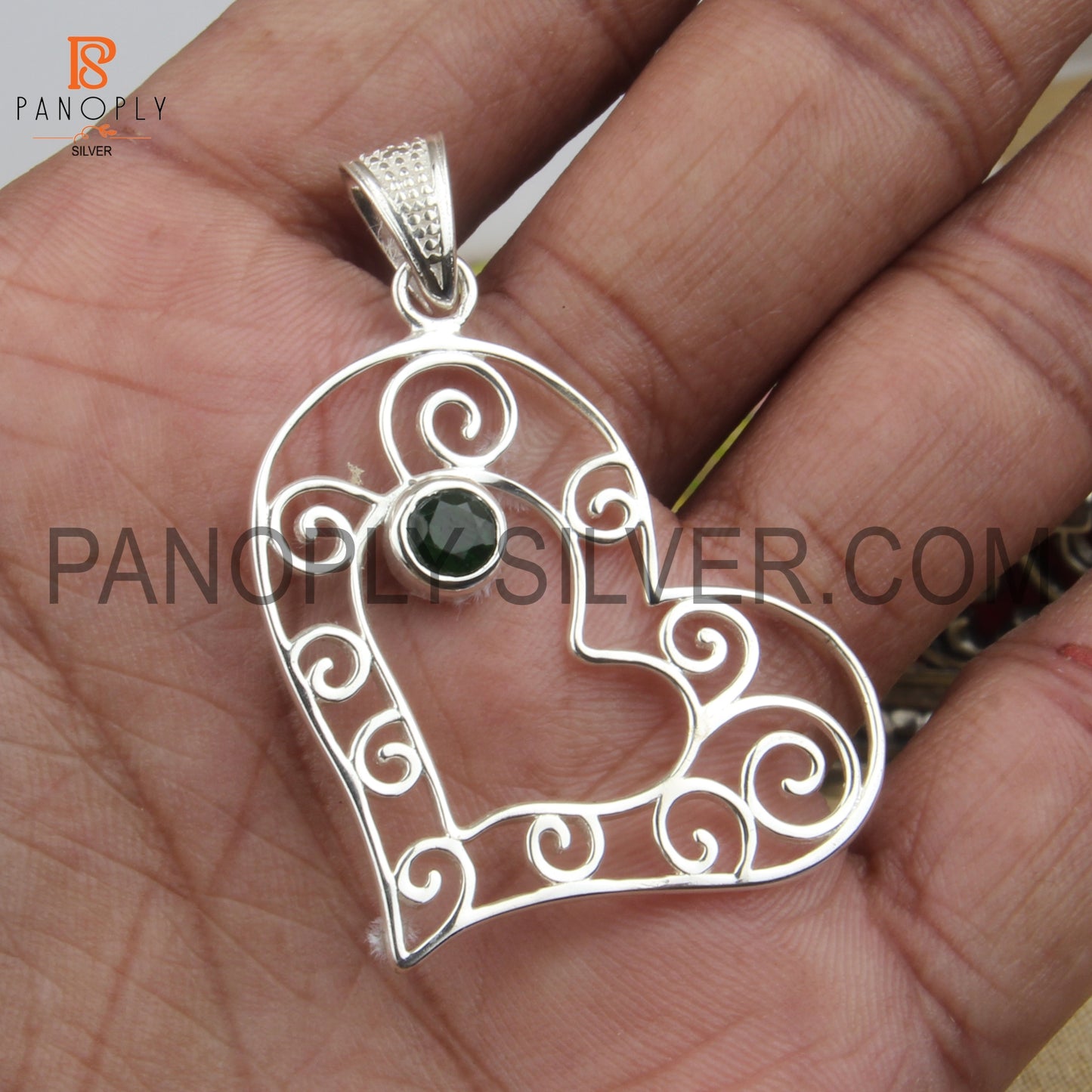 Sterling Silver Gem Chrome Diopside Filigree Heart Shape Pendant