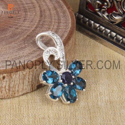 Natural London Blue Topaz And Iolite 925 Silver Solitaire Pendant