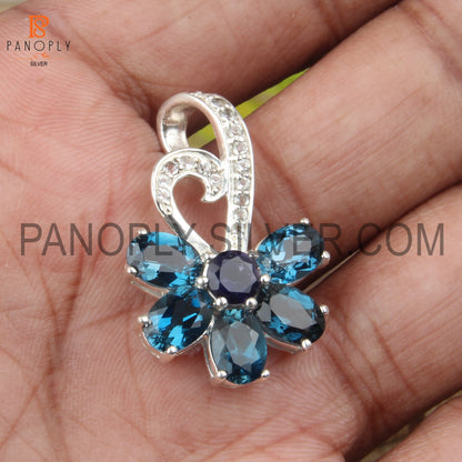 Natural London Blue Topaz And Iolite 925 Silver Solitaire Pendant
