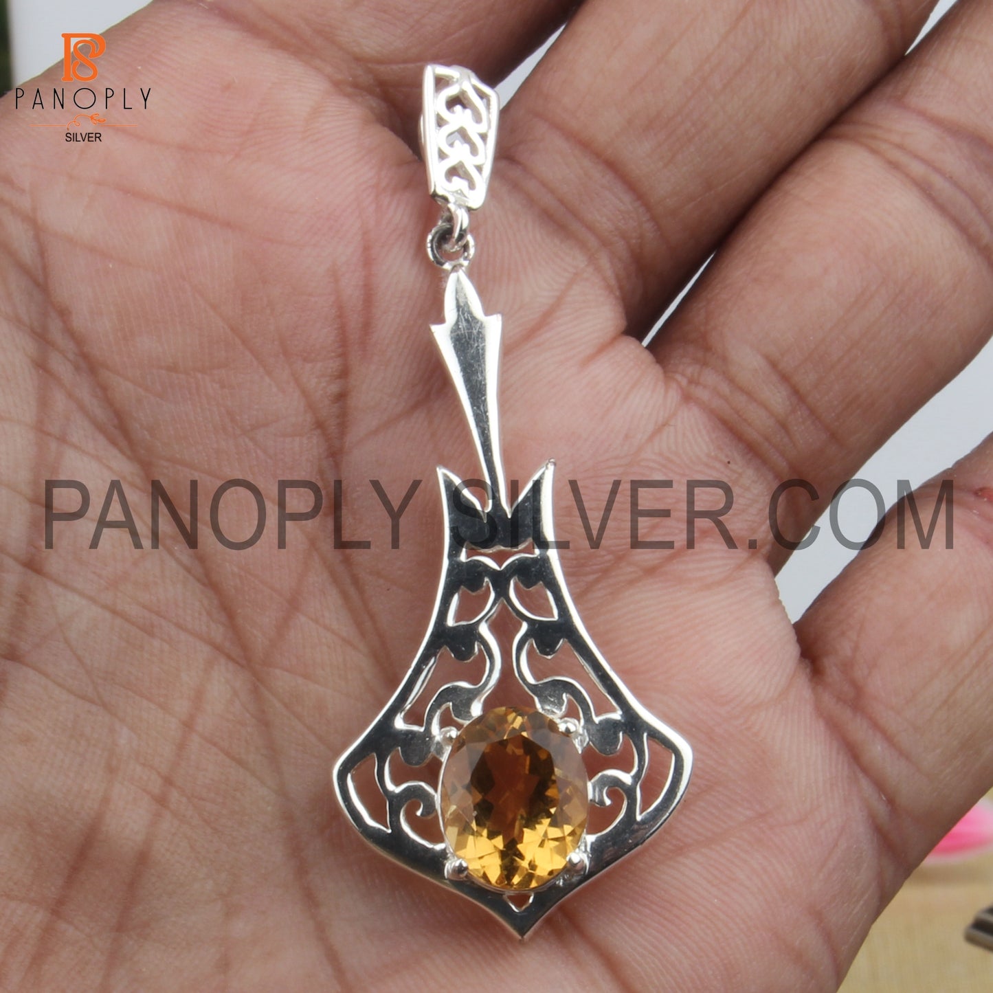 925 Quality Silver Citrine Gemstone Silver Pendant For Women's