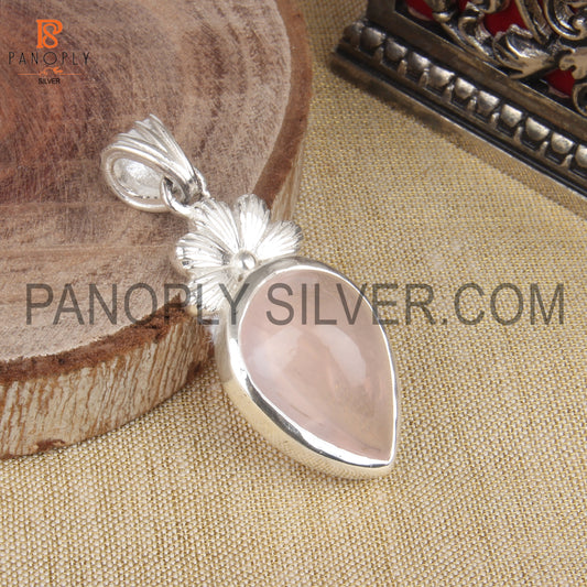 Handmade Genuine Rose Quartz 925 Quality Silver Pear Pendant