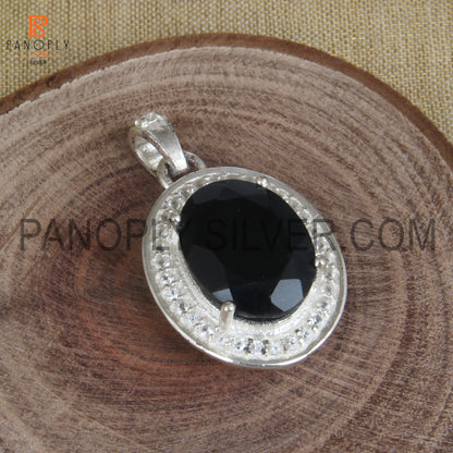 Black Onyx, White Topaz 925 Sterling Silver Prong Set Gemstone Pendant