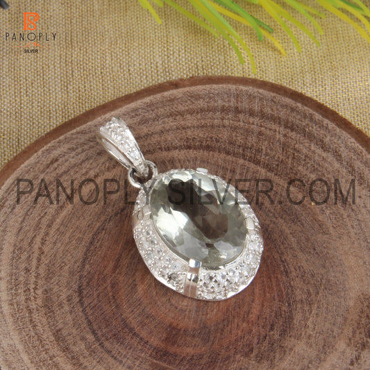 Natural Green Amethyst 925 Silver Prong Set Gem Pendant