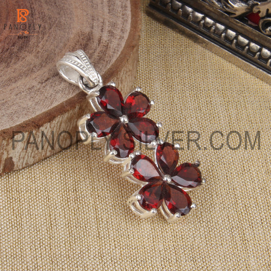 925 Sterling Silver Garnet Double Flower Pendant