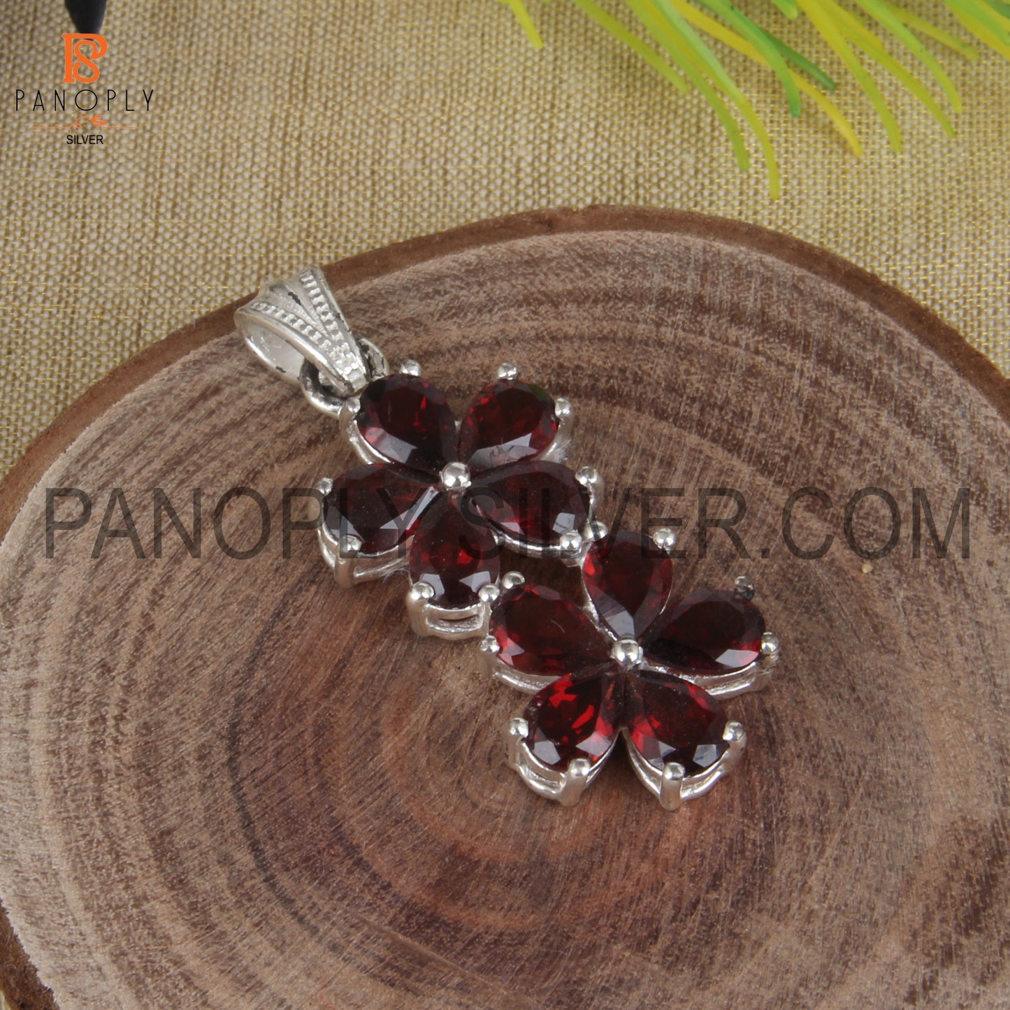 925 Sterling Silver Garnet Double Flower Pendant