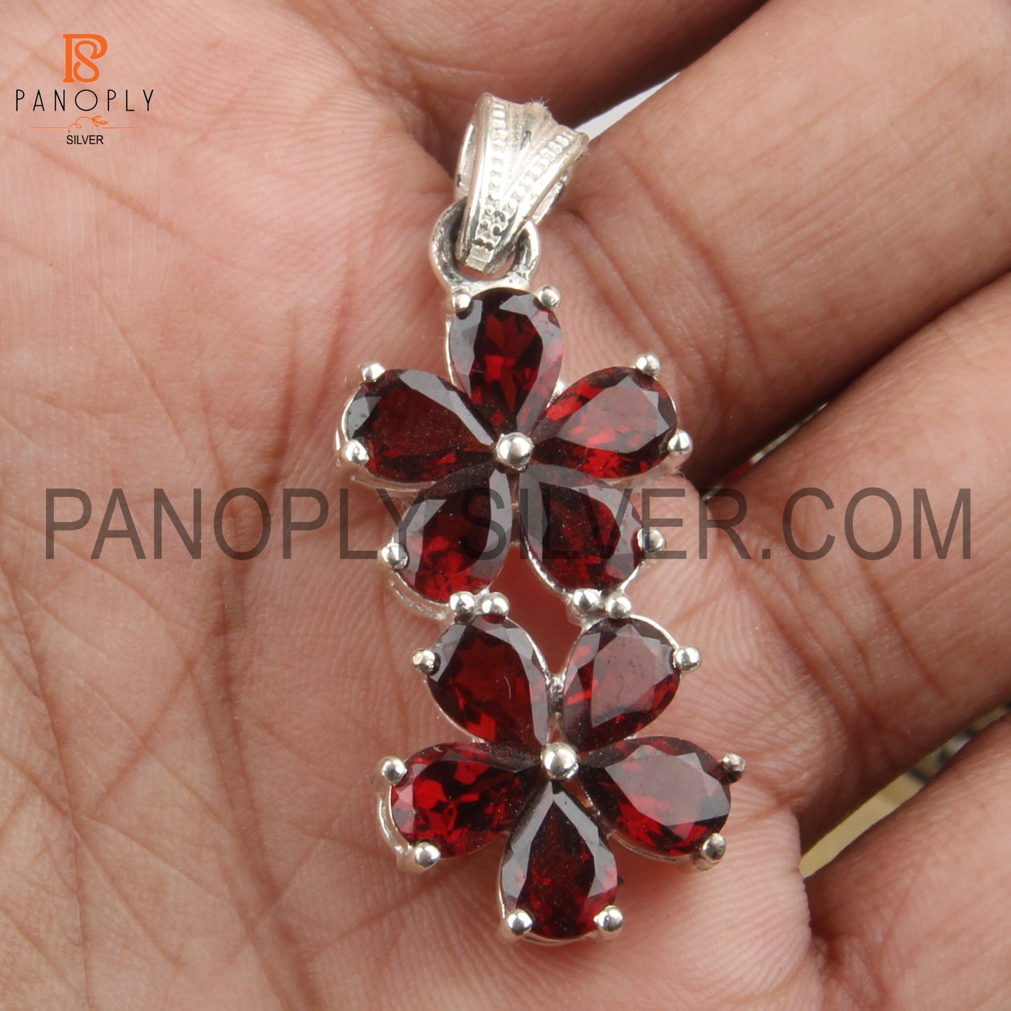 925 Sterling Silver Garnet Double Flower Pendant