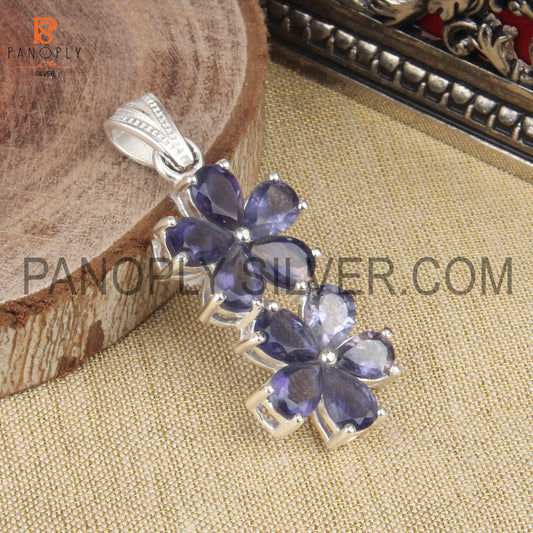 925 Sterling Silver Iolite  Flower Pendant