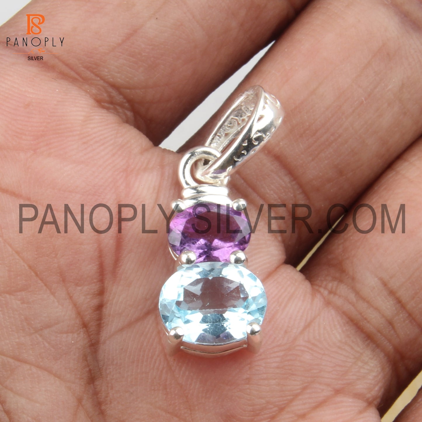 Oval Shape 925 Quality Silver Amethyst And Blue Topaz Pendant For Women's