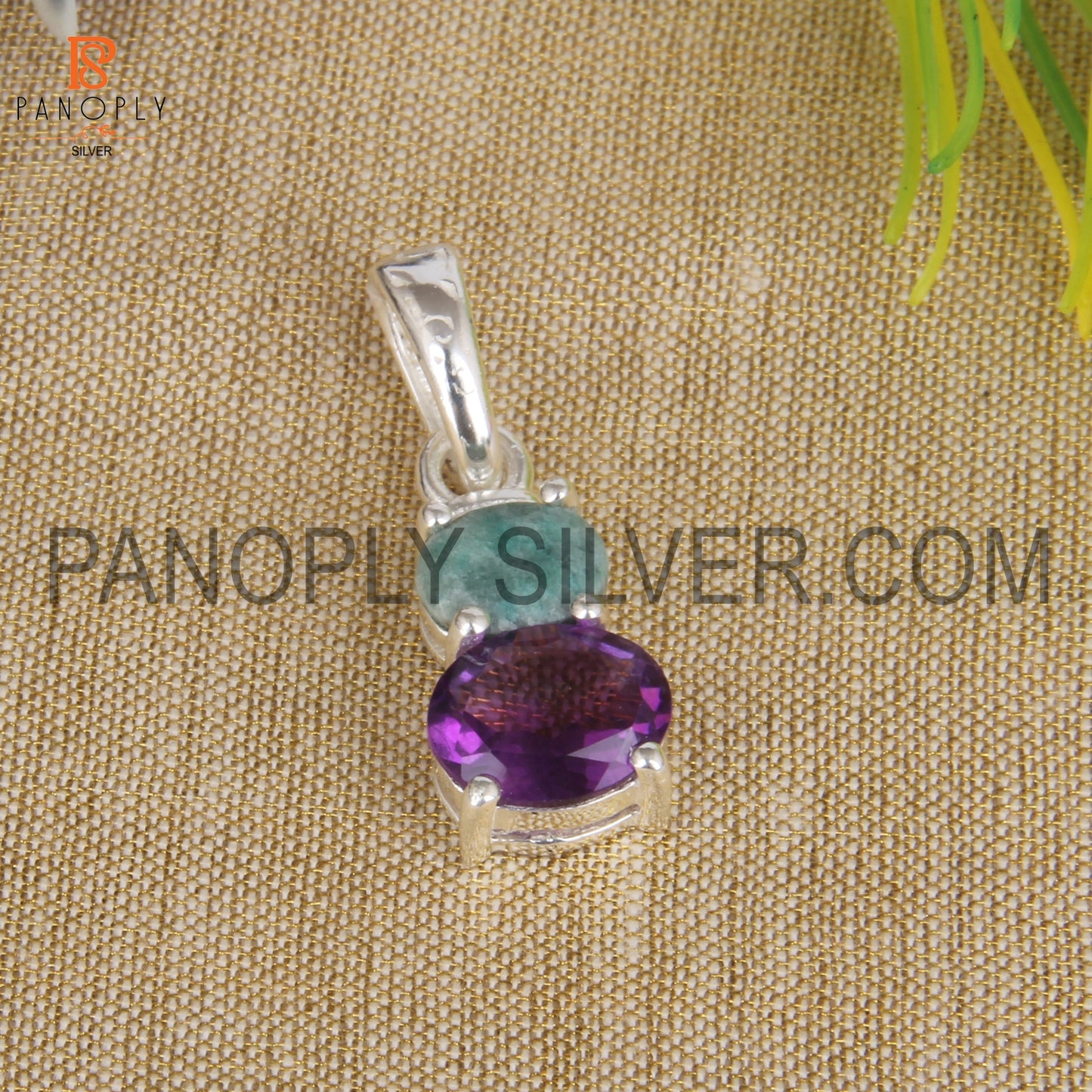 925 Silver Purple Amethyst And Green Emerald Gemstone Pendant