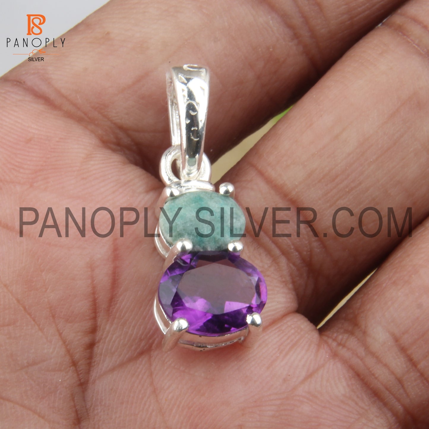 925 Silver Purple Amethyst And Green Emerald Gemstone Pendant