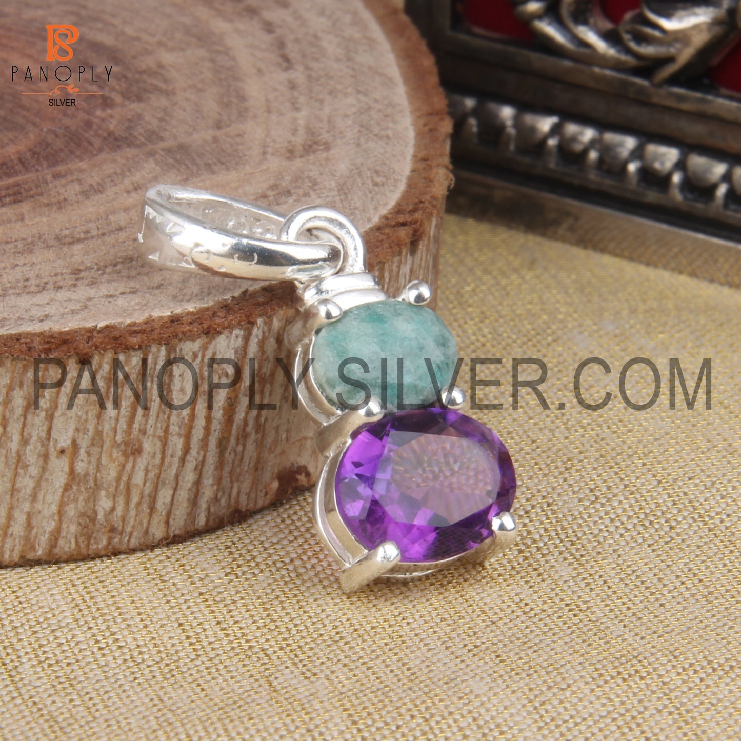 925 Silver Purple Amethyst And Green Emerald Gemstone Pendant