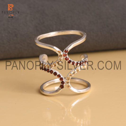 925 Sterling Silver Citrine & Garnet Gemstone Knuckle Joint Ring