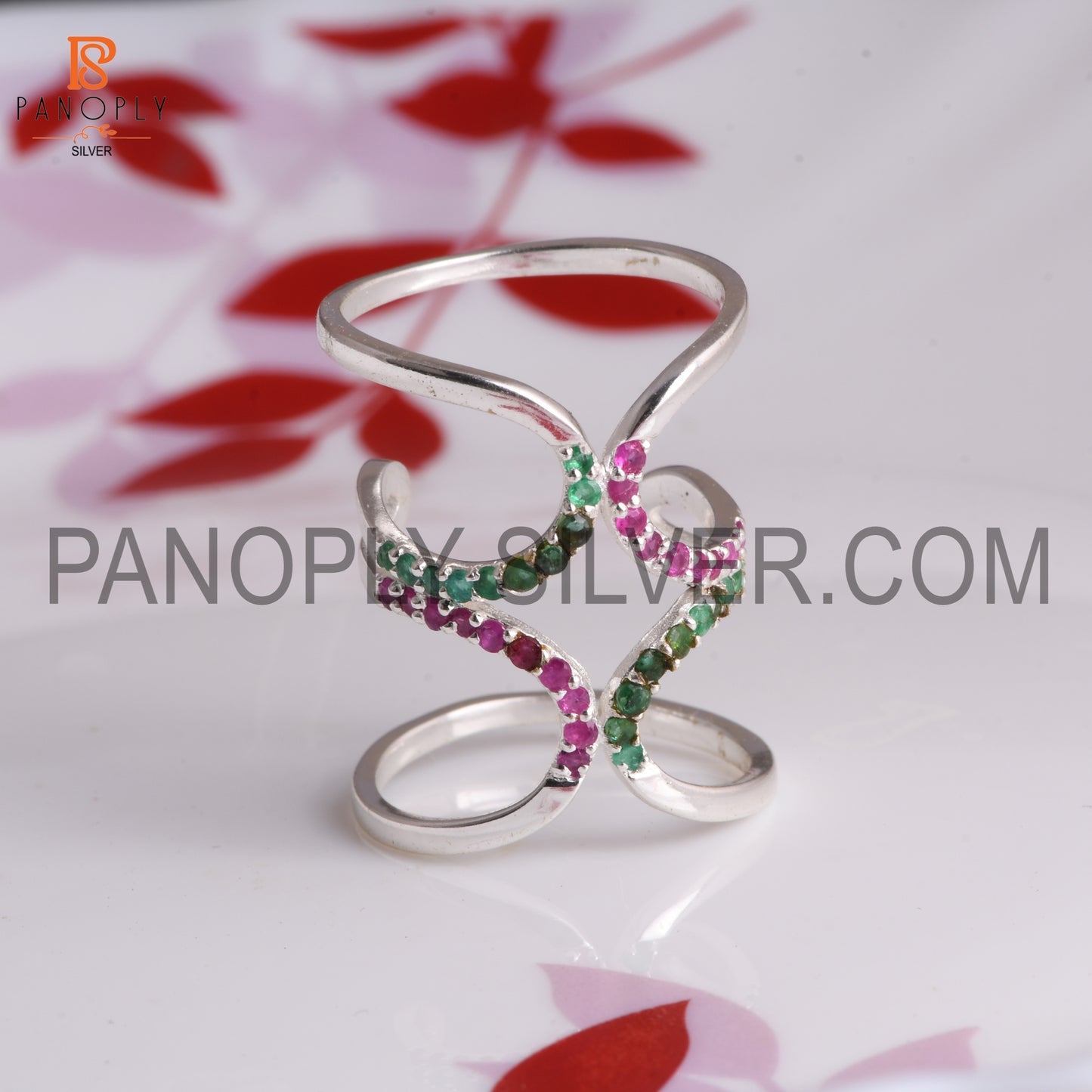 Ruby, Emerald Knuckle Rings 925 Silver Statement Engagement Ring