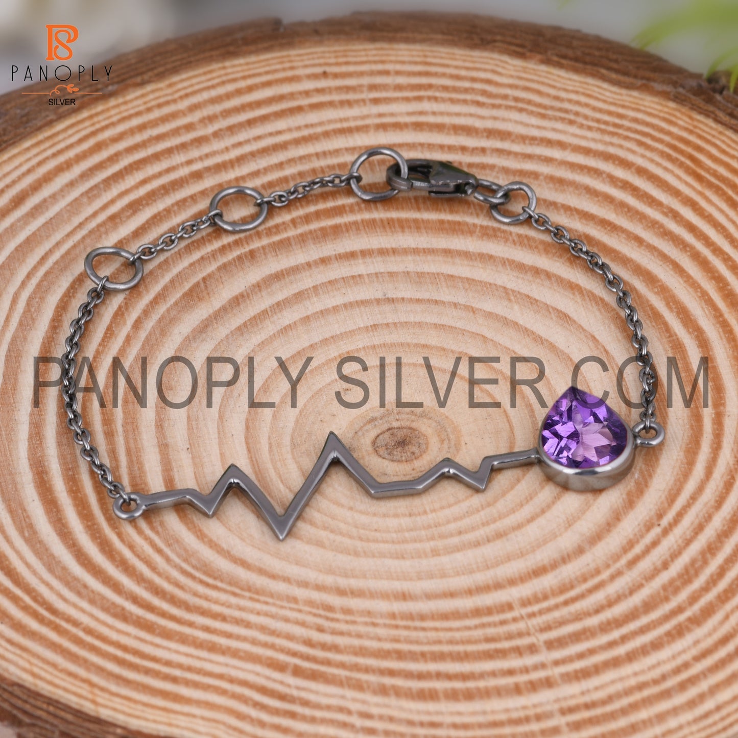 Natural Amethyst Black Plated Heartbeat Charm Chain Bracelet