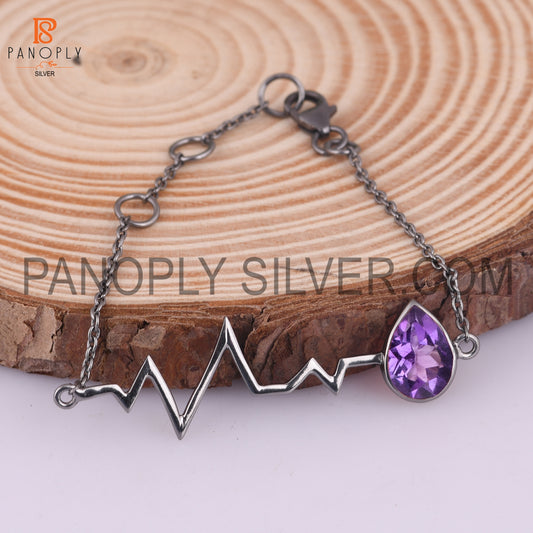Natural Amethyst Black Plated Heartbeat Charm Chain Bracelet